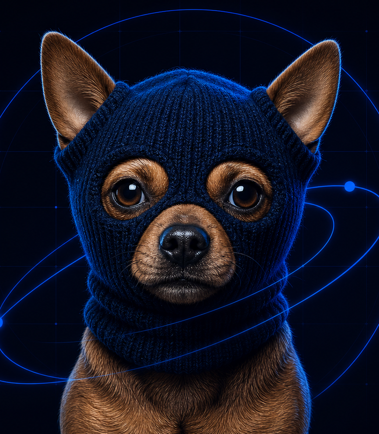 Ski Mask Dog wearing a blue knitted mask